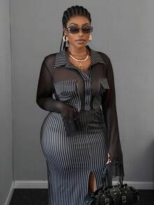 Maweii Conjunto de falda de cintura alta con diseño de rayas y blusa de manga larga con cuello para mujer de talla grande - Blanco y Negro - Ver 2