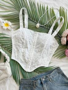 Soleia 女士不对称下摆无袖提花梭织前开襟纽扣上衣，适合度假、派对、圣诞节、约会、波西米亚风等场合。 - 白色 - 查看 3