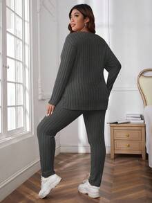 SHEIN Cottnline Plus Size Comfortable Knit Ribbed 2 Pieces Set - Dark Grey - View 2
