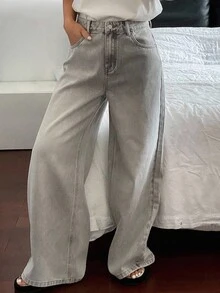 Livesso 女式夏季宽松休闲破洞牛仔裤 - 灰色 - 查看 8