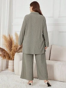 Lacomfia Plus Size Women Casual Two Pieces Set: Dropped Shoulder Long Sleeve Single-Breasted Top And Wide Leg Pants, Autumn - Grey - View 2