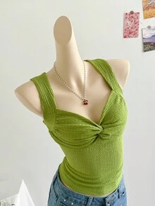 Soleia Women's Solid Color Sweetheart Collar Twist Textured Fabric Fitted Tank Top - Green - View 7