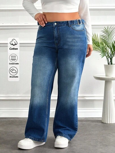 EURMUSE Plus High Waist Belt Detailed Straight Jean Oversized Jeans Loose Jeans Wide Leg Jeans Flared Jeans Baggy Jeans