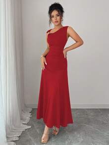 Elenzga 全新不对称领口金属装饰腰部褶饰度假休闲优雅女式连衣裙 - 紅色 - 查看 6