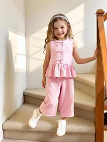 2pcs/Set Young Girls Summer Solid Color Single-Breasted Bowknot Ruffle Hem Vest Top And Solid Color Long Pants, Simple And Commuting Outfit Young Girls Clothing Sets Two Pieces - Pink - View 3