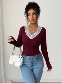 Elenzga Women's V-Neck Lace Patchwork Long Sleeve Knit Undershirt - Burgundy - View 6