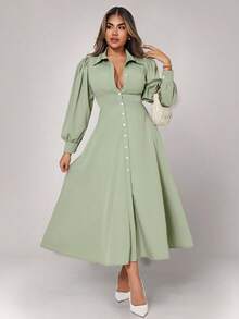 Xyvia 女式优雅纯色灯笼袖前扣衬衫裙 - 薄荷綠 - 查看 3