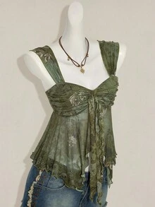 SHEIN ICON Vintage Print Asymmetrical Hem Mesh Trim Women Tank Top