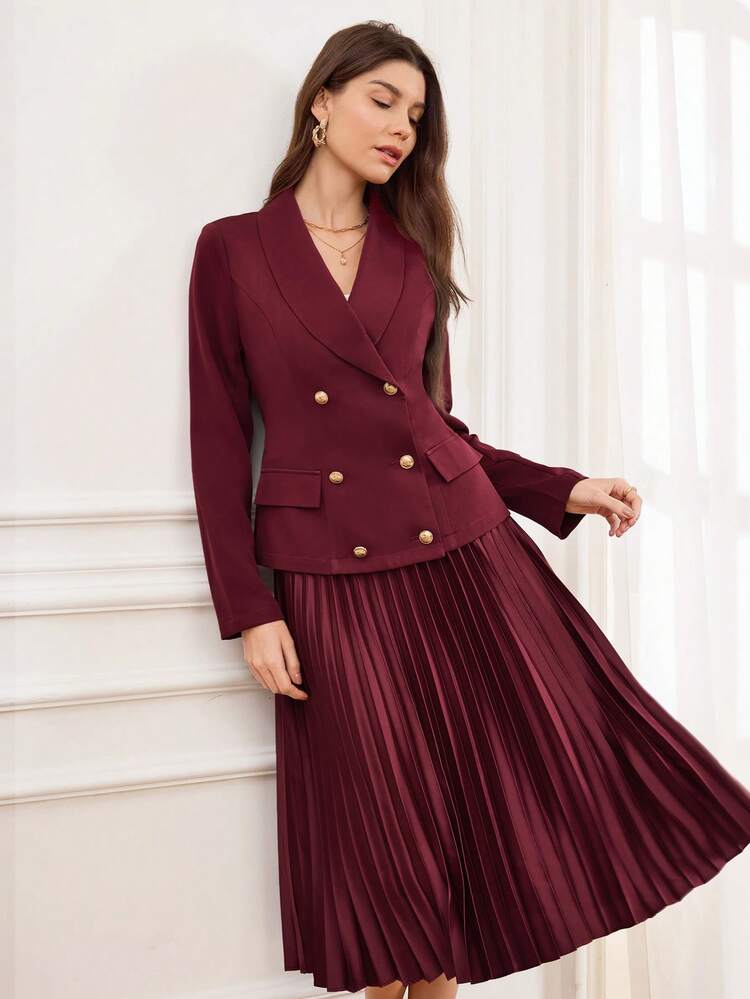 Miaspire Women's 2 Pieces Set: Elegant Blazer Jacket And Pleated Skirt Suit, Suitable For Outings And Gatherings,Women's Winter Set,Chic Women's Set,Burgundy Set, Fall Clothes For Women