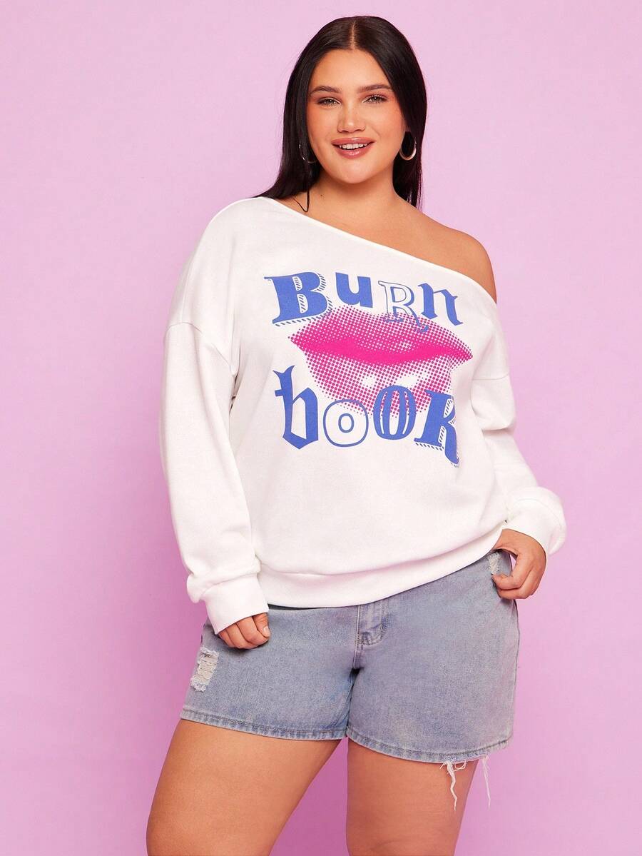 Mean Girls | SHEIN Plus Size Women Casual Lip & Letter Print Asymmetrical Neck Loose Pullover Sweatshirt, Fashion Street Style, Spring/Autumn - White - View 1