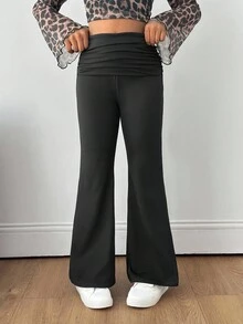 SHEIN Tween Girls' Basic Casual Knit High Waist Ruched Slim Flare Pants, Back To School, Black Flared Leggings, Ruched Waist Pants, Flare Leg Pants - Black - View 3