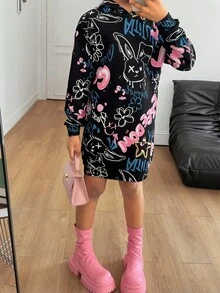 SHEIN 少女休闲宽松舒适字母图案卫衣，中长款，秋冬款 - 黑色 - 查看 7