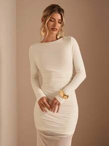 SHEIN BAE Women's Solid Apricot Round Neck Long Sleeve Waist Ruched A-Line Dress, Suitable For Cocktail Parties, Romantic Dates, Autumn/Winter Layering, Gatherings, Formal Events, Night Outings,Wedding Guest Dress For Women, Daily Elegant Outings, Party Dress, Wedding Guest Dress, Christmas Party Dress, Christmas Outfit, Holiday Dress