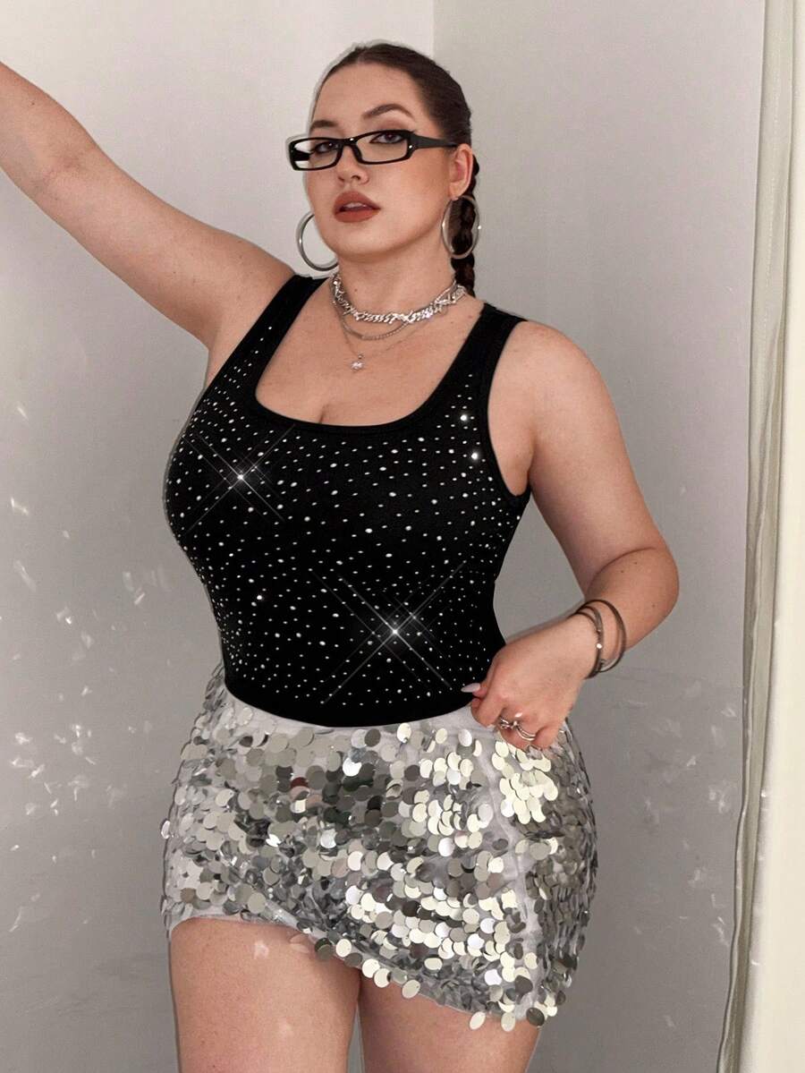 GalTyme EZwear Plus Size Casual Rhinestone Embellished Casual Elegant Vacation Work/Office Brunch Fairycore Comfortable Concert Women White Shiny Tank Top,Club Sexy Top Fashionable For Everyday Wear Summer /Spring