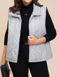 SHEIN LUNE 大码女式拉链前开襟休闲口袋宽松背心外套，秋冬季万圣节圣诞节万圣节服装女式休闲日常穿着，商务休闲教师装 - 灰色 - 查看 9