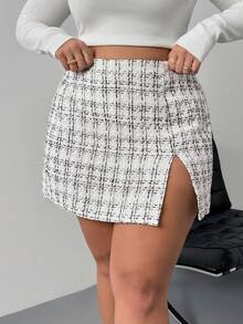 SHEIN PETITE CURVE 大码女式开衩下摆休闲舒适迷你裙，适合身材较矮的人 - 彩色 - 查看 4