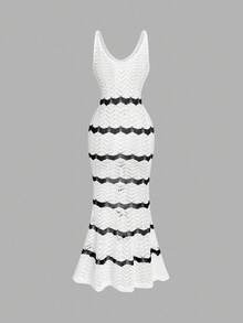 Skyraze Women's Fitted V-Neck Wavy Striped Hollow Out Sweater Dress,Elegant Gentle Simple Black And White Contrast Striped Suspenders Slim Long Knitted Dress Sleeveless Casual Beach Hollow Out Bodycon Midi Crochet Swimwear Coverups Sundresses, Spring Summer Fall,Vacation Style Music Festival Fashionable And Elegant Boho  Long Dress - White - View 2