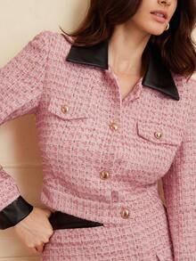 BELROSIE 2pcs/Set Pakaian Kerja Wanita dengan Kerah, Manset, dan Pinggang Motif Tweed Patchwork, Gaya Elegan - MultiWarna - View 6