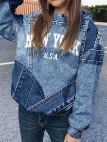 SHEIN EZwear Suitable For Party, Music Festival, Street, Patchwork City Text "NEW YORK" Graphic Print Plus Size Hoodie Sweatshirt For Women, Fall/Winter