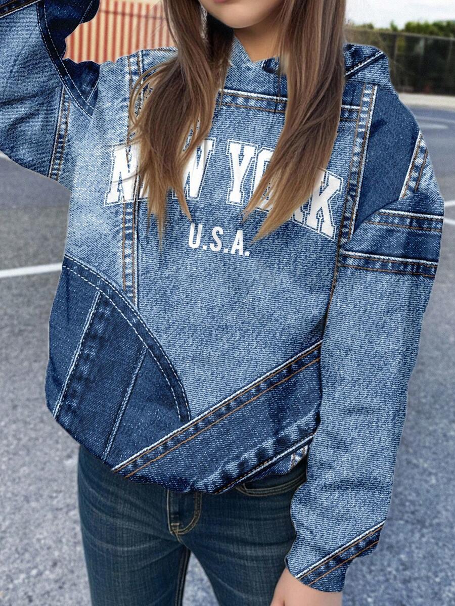SHEIN EZwear Suitable For Party, Music Festival, Street, Patchwork City Text "NEW YORK" Graphic Print Plus Size Hoodie Sweatshirt For Women, Fall/Winter