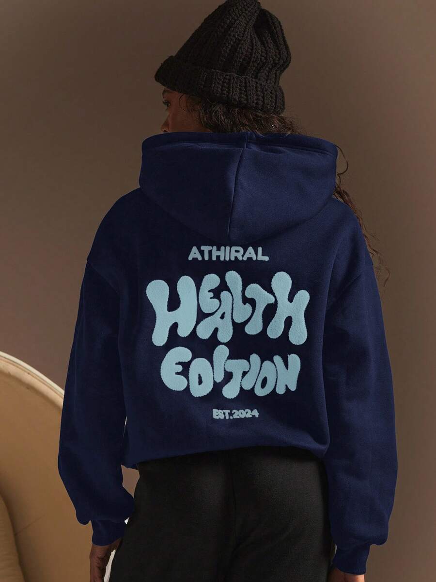 Athîral 女士连帽卫衣，秋冬简约时尚休闲日常穿着 - 藏蓝色 - 查看 1