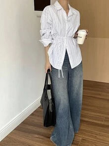 DAZY 女式休闲不对称下摆翻领长袖条纹衬衫，秋季 - 白色 - 查看 4