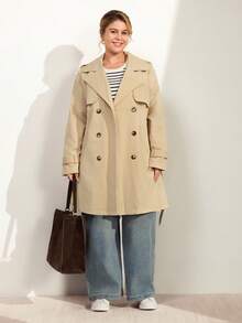 Momelise Plus Size Women's Casual Windbreaker Jacket, Spring/Autumn Solid Color Long Sleeve Lapel Double-Breasted Windbreaker, Commuting Casual Versatile Windbreaker