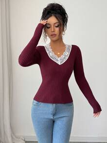 Elenzga Women's V-Neck Lace Patchwork Long Sleeve Knit Undershirt - Burgundy - View 2