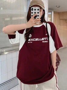 DAZY Women's Round Neck Short Sleeve Patchwork T-Shirt, EXCELLENT BETTER PROSPECT Summer Oversized T-Shirt - Burgundy - View 2