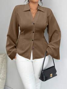 Elenzga Plus Size Women's Solid Color Bell Sleeve Single-Breasted Casual Shirt, Autumn - Coffee Brown - View 1