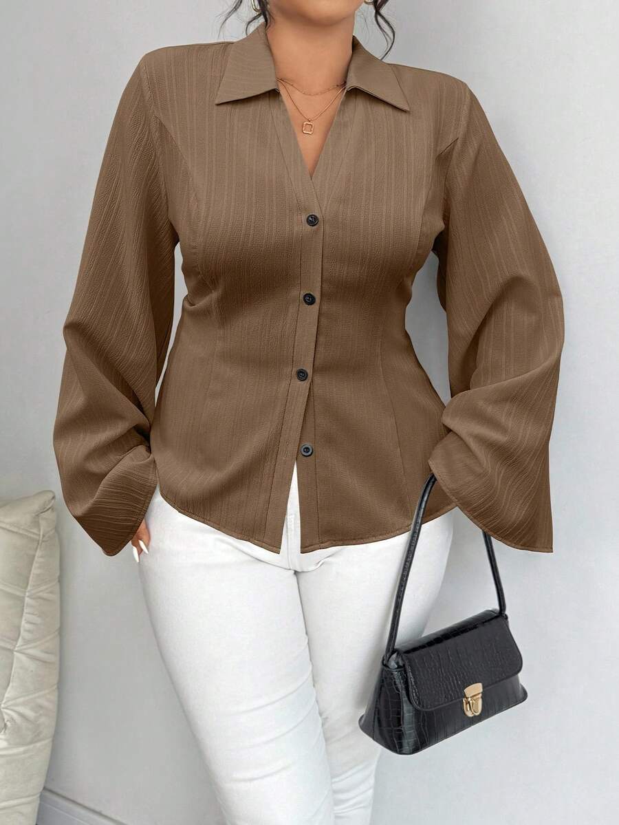 Elenzga Plus Size Women's Solid Color Bell Sleeve Single-Breasted Casual Shirt, Autumn - Coffee Brown - View 1