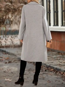 SHEIN LUNE 女士纯色长袖单排扣双口袋休闲长款大衣秋冬女装 - 灰色 - 查看 2
