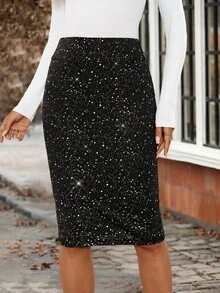 EMERY ROSE Women's Elastic Waist Shiny Elegant Fashion Pencil Skirt,Black Skirt