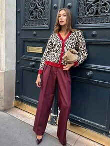 Chiquease 女士豹纹休闲宽松纽扣开衫，长袖 - 彩色 - 查看 3