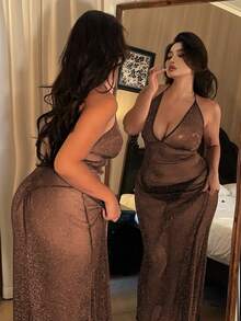 Dazy Plus Mesh Sheer Long Camisole Lingerie - Champagne - View 1