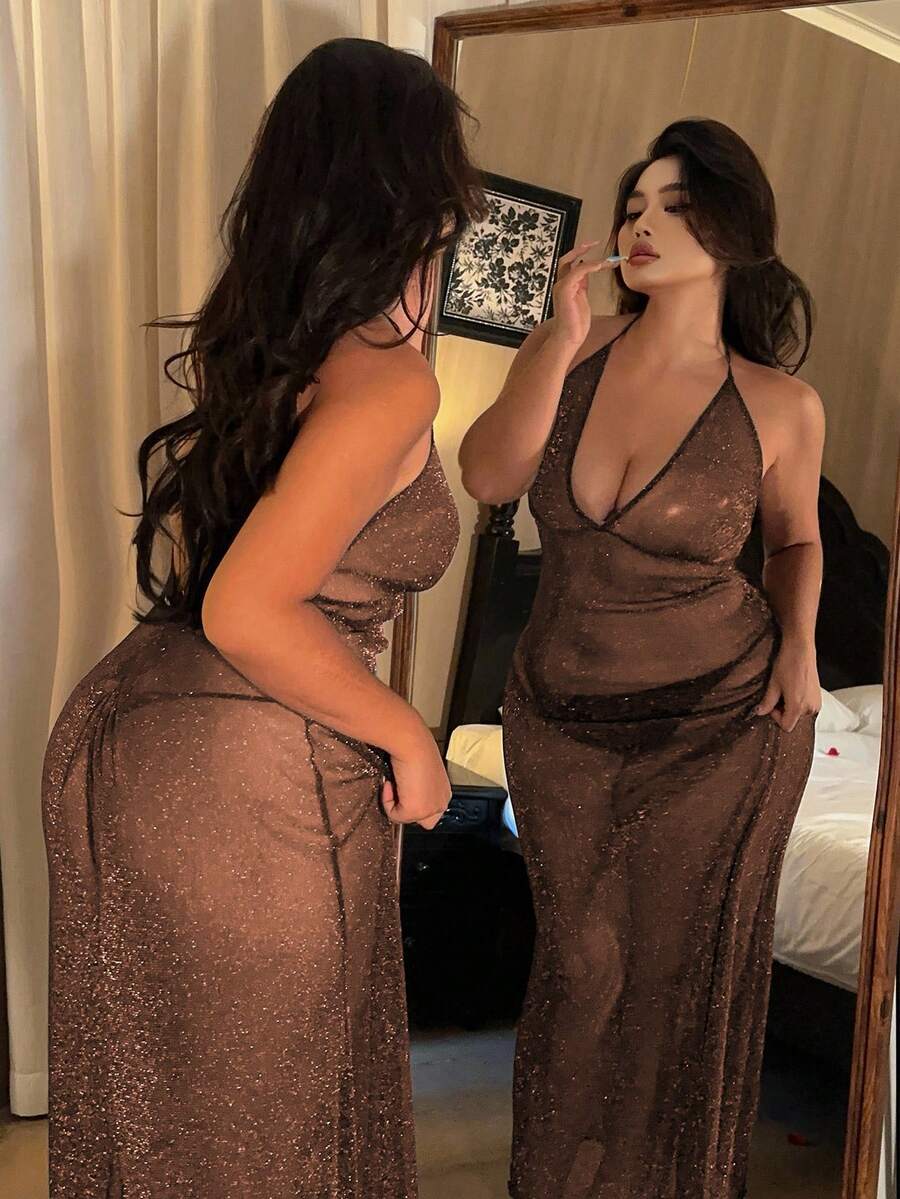 Dazy Plus Mesh Sheer Long Camisole Lingerie - Champagne - View 1