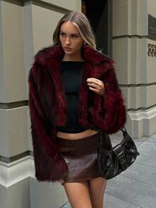 Aloruh Women's Retro Fashion Front Open Faux Fur Collar Jacket, Winter Outerwear,Fall - Burgundy - View 3