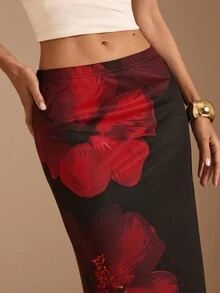 SHEIN BAE 女式黑色底红色花卉印花网眼裙，适合婚礼季节、万圣节、夜间外出、活动、节日，优雅女士裙，黑红色花朵女式裙 - 黑色 - 查看 5