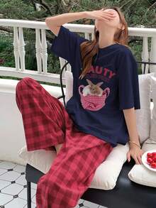 DAZY 2pcs/Set Cute Rabbit Print Top & Plaid Pajama Pants Sleepwear Set,Back To School Clothes