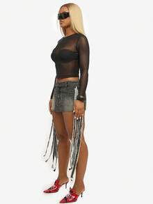 SUMWON WOMEN Cotton Rhinestone Studded Denim Mini Skirt With Tassel Fringe Details For Festival Party Club - Black - View 3