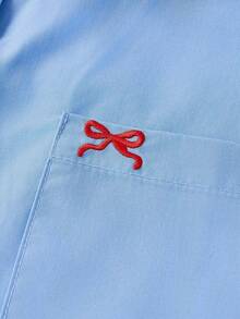 SHEIN Loose Casual Comfortable Butterfly Embroidered Collar Long Sleeve Shirt, Suitable For School Back To School Season, Teen Girls Fall Winter - Blue - View 4
