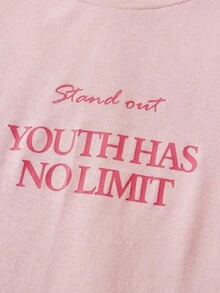 SHEIN 少女简约字母印花圆领短袖针织家居服套装 2 件套 - 淺粉色 - 查看 3