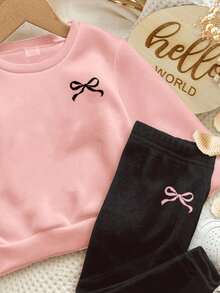 SHEIN Happikins 2pcs Baby Girl Casual Cute Minimalist Bow Decor Thick Soft Long Sleeve Crew Neck Sweatshirt And Pants Set, Suitable For Autumn & Winter Fall Clothes