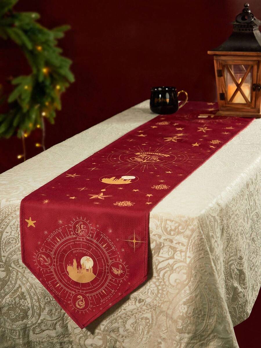 HARRY POTTER X SHEIN 1pc Thickened Non-Slip All-Over Print Table Runner, Holiday Red Table Runner, Fits Various Table Lengths 90/160/183/200cm,Christmas