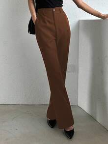 DAZY Quần ống đứng màu trơn đơn giản dành cho doanh nhân cạp trễ - màu nâu - Xem 3