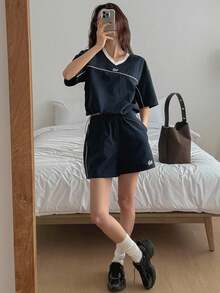 DAZY Bộ đồ nữ 2 món màu khối cổ chữ V rộng rãi thường ngày, Bộ đồ nữ ngắn - Màu xanh hải quân - Xem 8