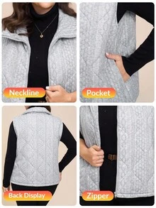 SHEIN LUNE 大码女式拉链前开襟休闲口袋宽松背心外套，秋冬季万圣节圣诞节万圣节服装女式休闲日常穿着，商务休闲教师装 - 灰色 - 查看 10