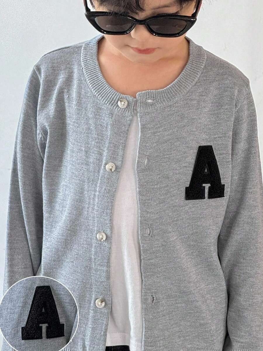 SHEIN Little Byeori Young Boys' Casual Embroidered Patch Knit Cardigan,In Fall/Winter - Grey - View 1