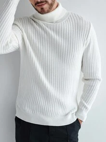 Manfinity CityGents European & American Blogger Style 3D Ribbed Solid Color Casual Slim Fit Sweater, White Turtle Neck Sweater, Fall Winter - White - View 5