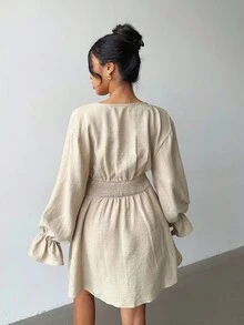 Siren Gaze Women's Casual Solid Color Waist Cinched Dress Winter - Apricot - View 5